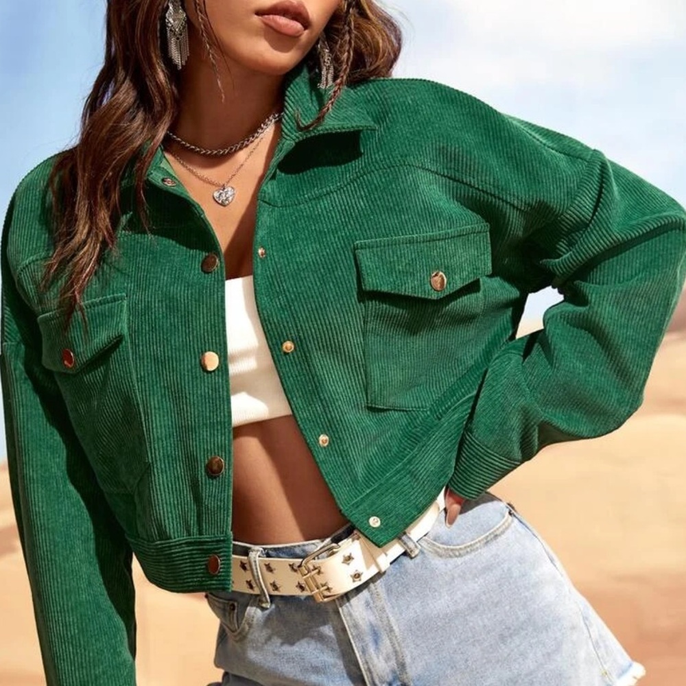 SHEIN EZwear Drop Shoulder Flap Pocket Corduroy Green Jacket Size Medium New